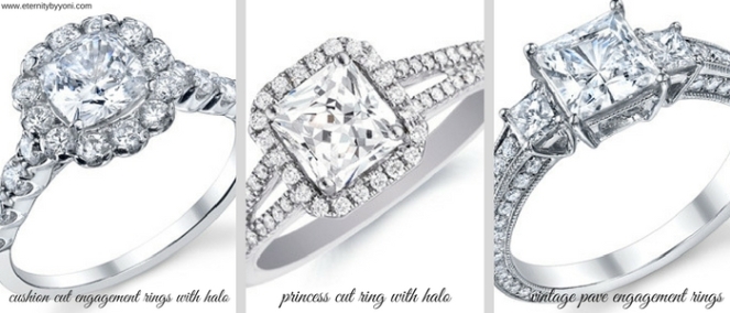 cushion cut, princess cut, vintage pave engagement rings with halo.